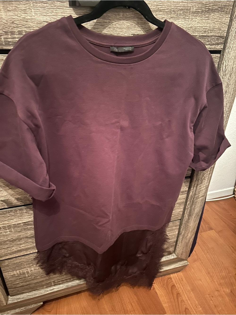 Zara Brown Crewneck Top with Lace Trim